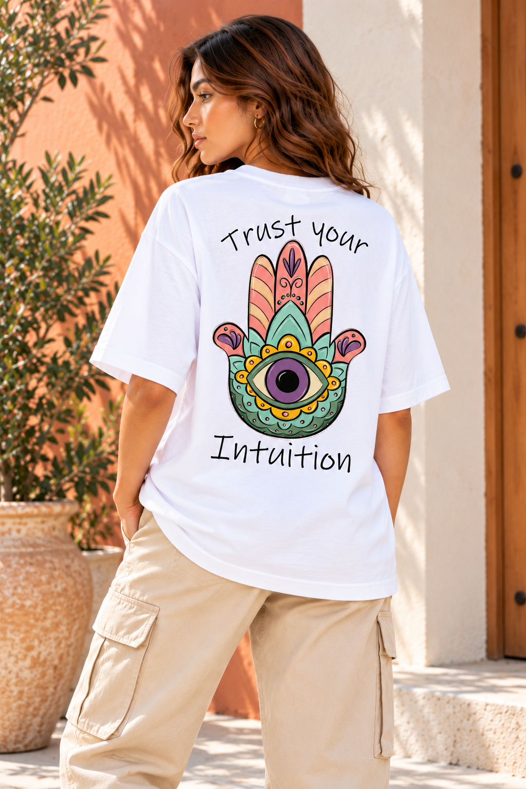 Trust Your Intuition Hamsa Oversized T-Shirt – White