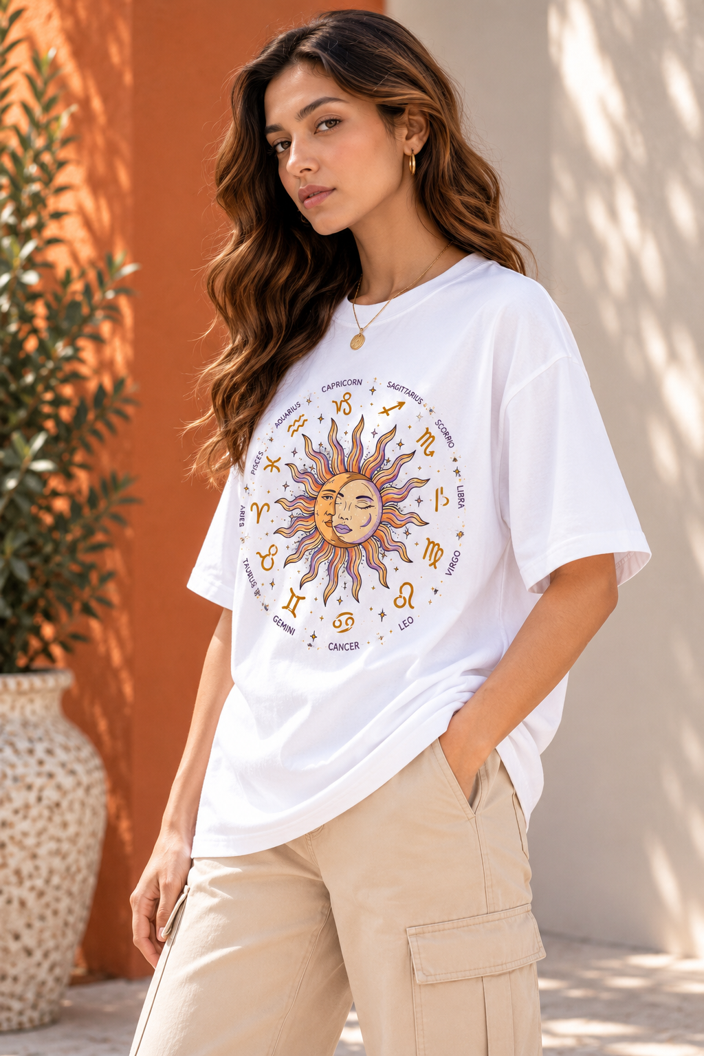 Zodiac Sun & Moon Oversized T-Shirt – White