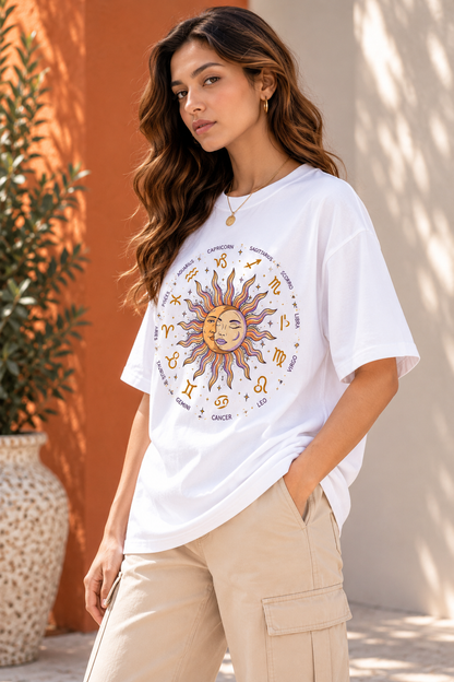 Zodiac Sun & Moon Oversized T-Shirt – White