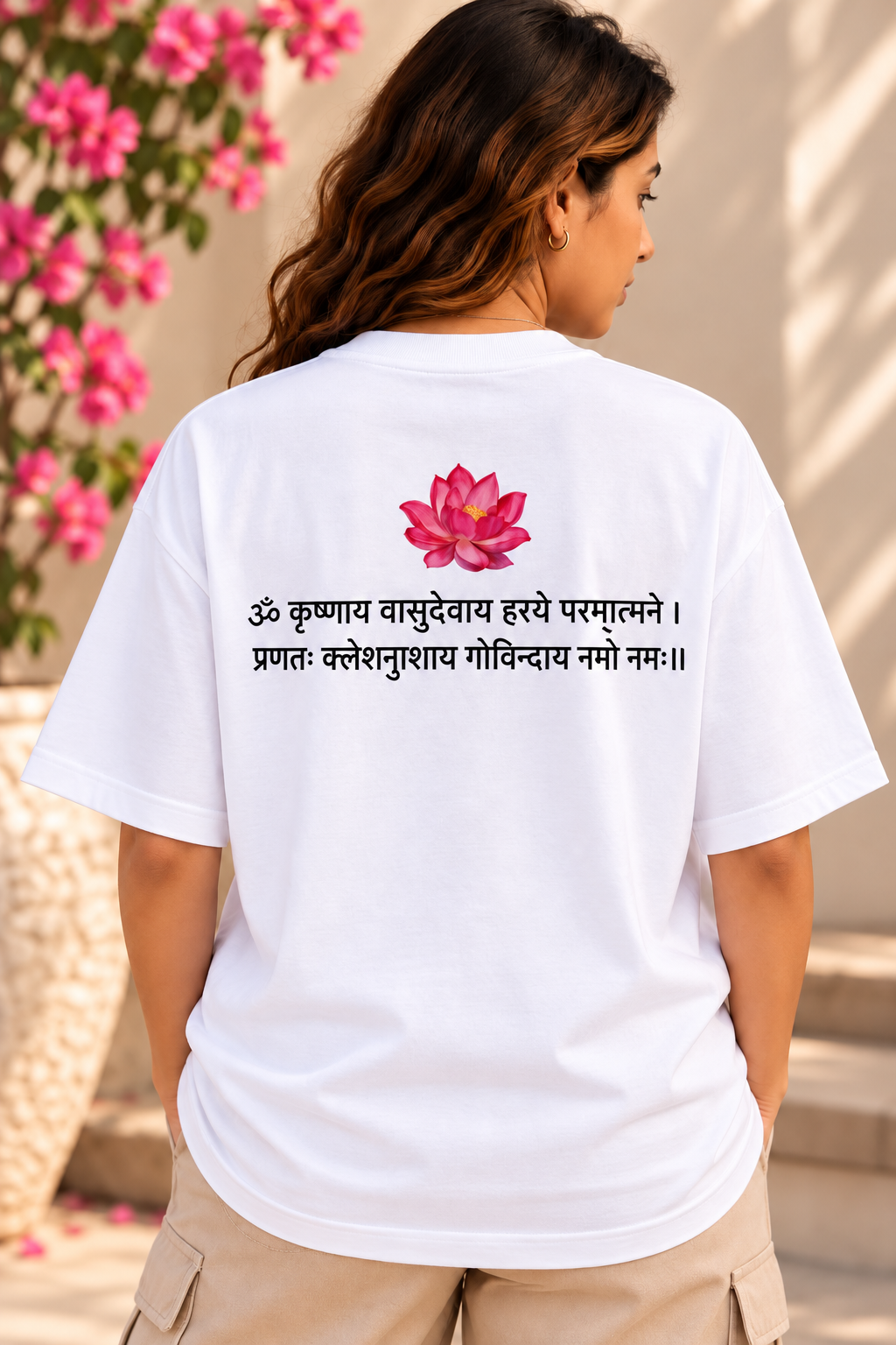 Krishna Mantra Lotus Oversized T-Shirt – White
