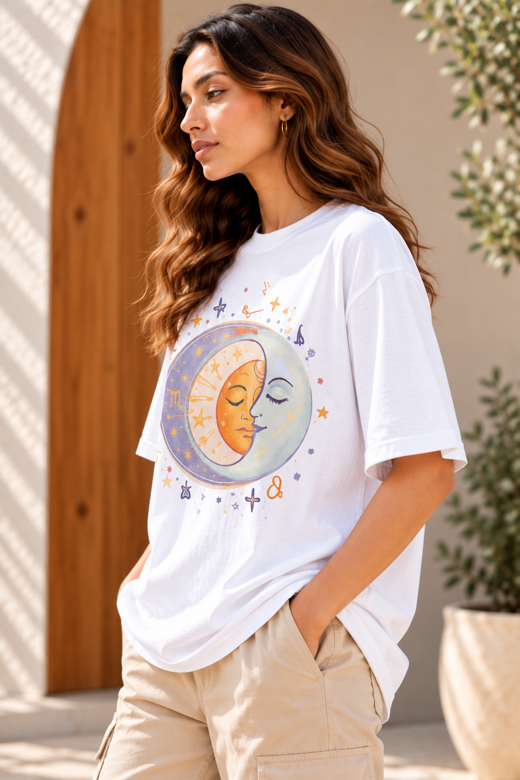 Pastel Sun & Moon Celestial Oversized T-Shirt – White