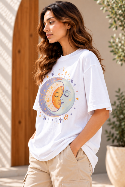 Pastel Sun & Moon Celestial Oversized T-Shirt – White