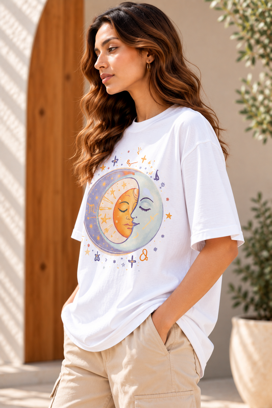 Pastel Sun & Moon Celestial Oversized T-Shirt – White
