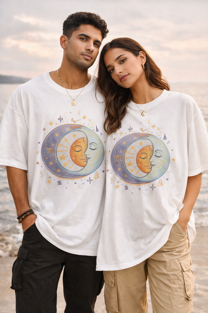 Cosmologic India – Cosmic Energy Oversized T-Shirt for Men | Sun & Moon Graphic Tee
