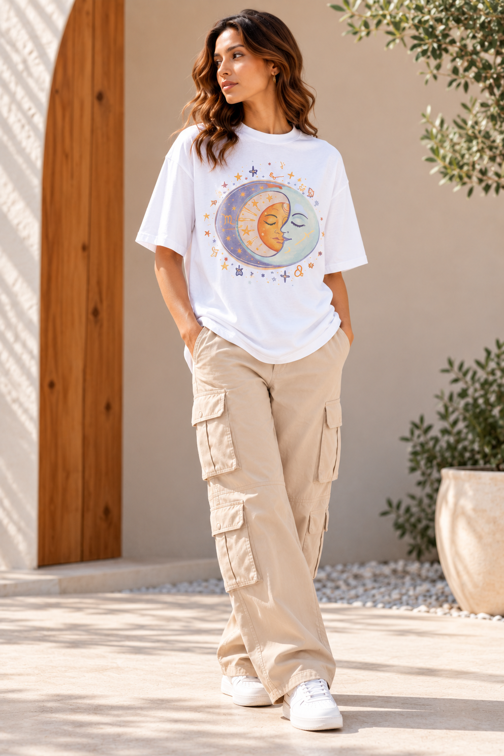 Pastel Sun & Moon Celestial Oversized T-Shirt – White