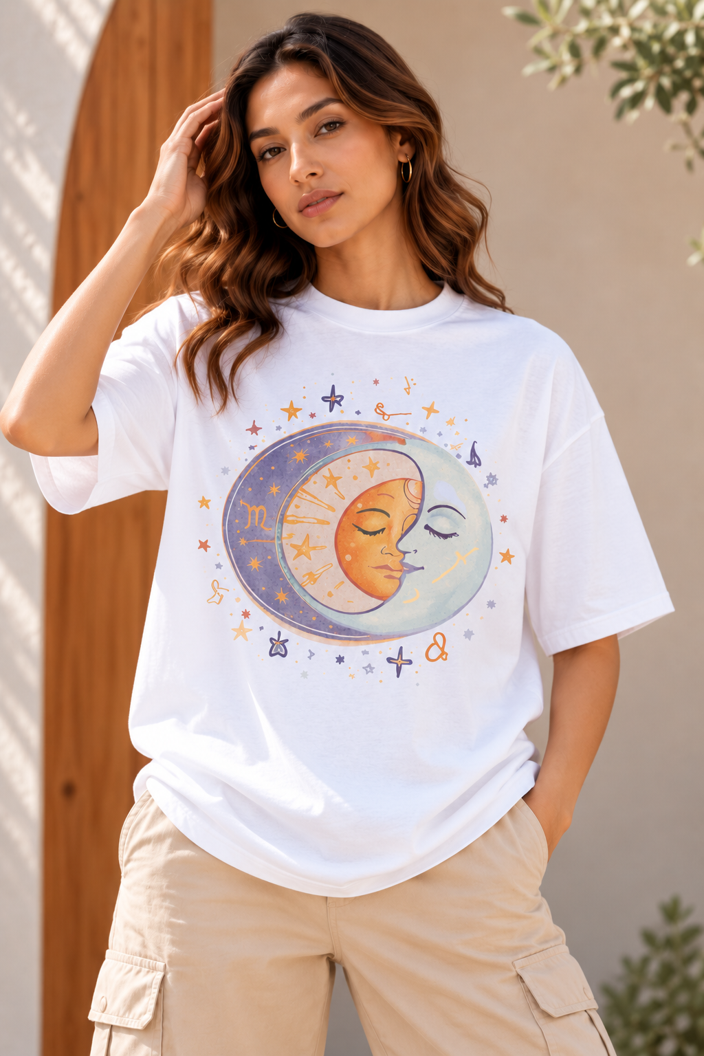 Pastel Sun & Moon Celestial Oversized T-Shirt – White