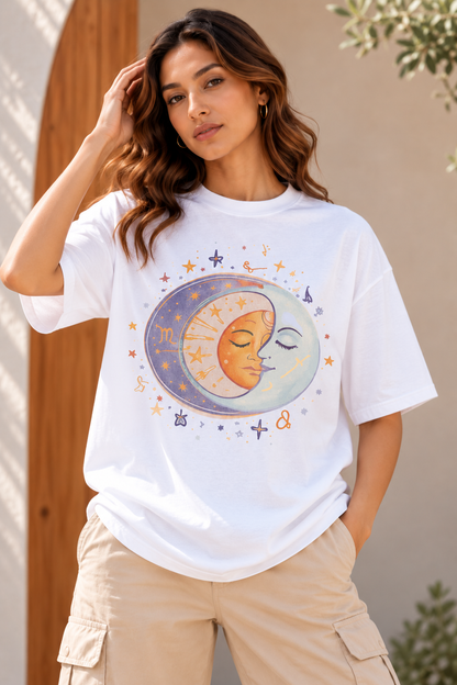 Pastel Sun & Moon Celestial Oversized T-Shirt – White