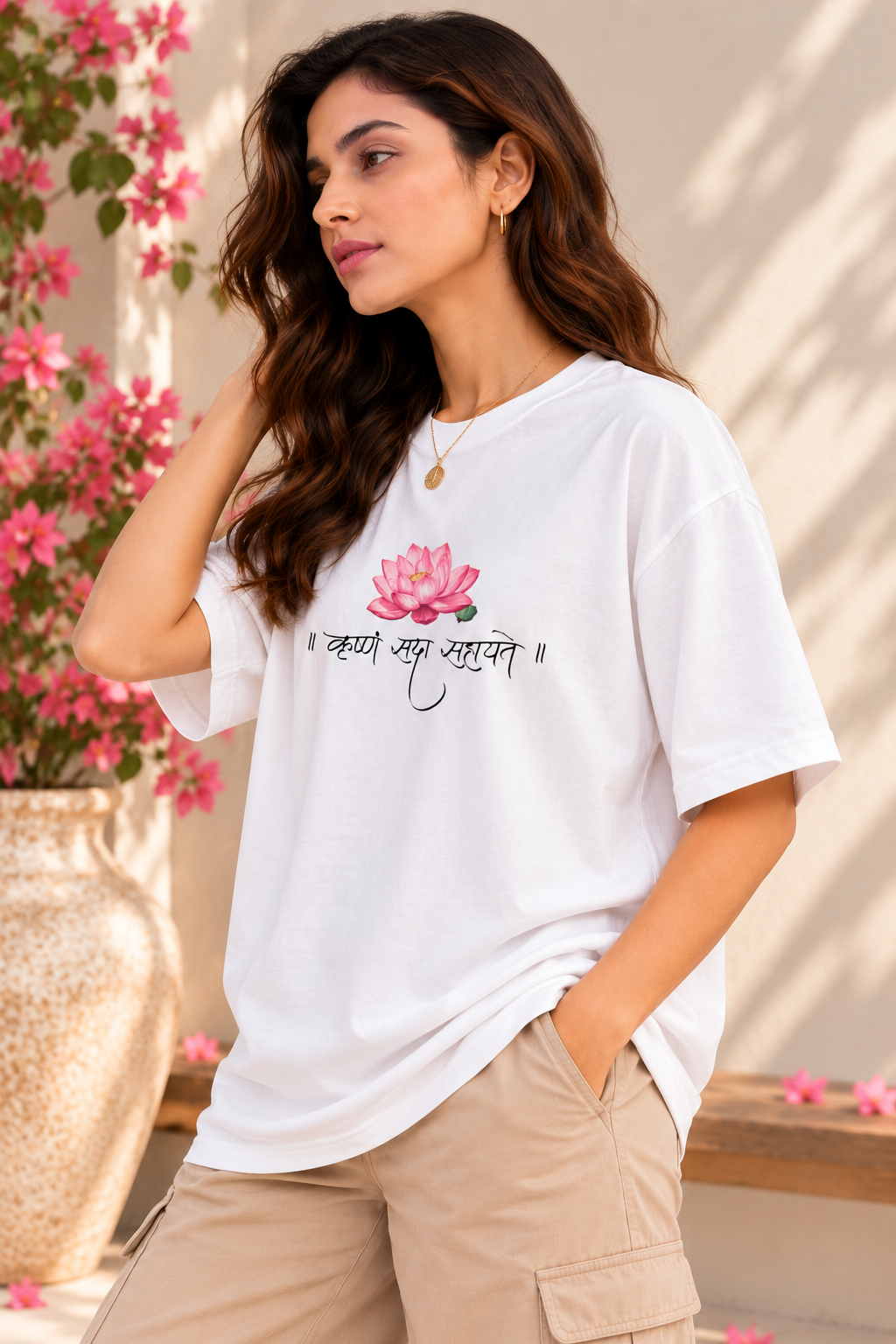 Krishna Mantra Lotus Oversized T-Shirt – White
