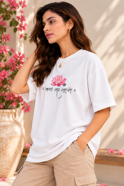 Krishna Mantra Lotus Oversized T-Shirt – White