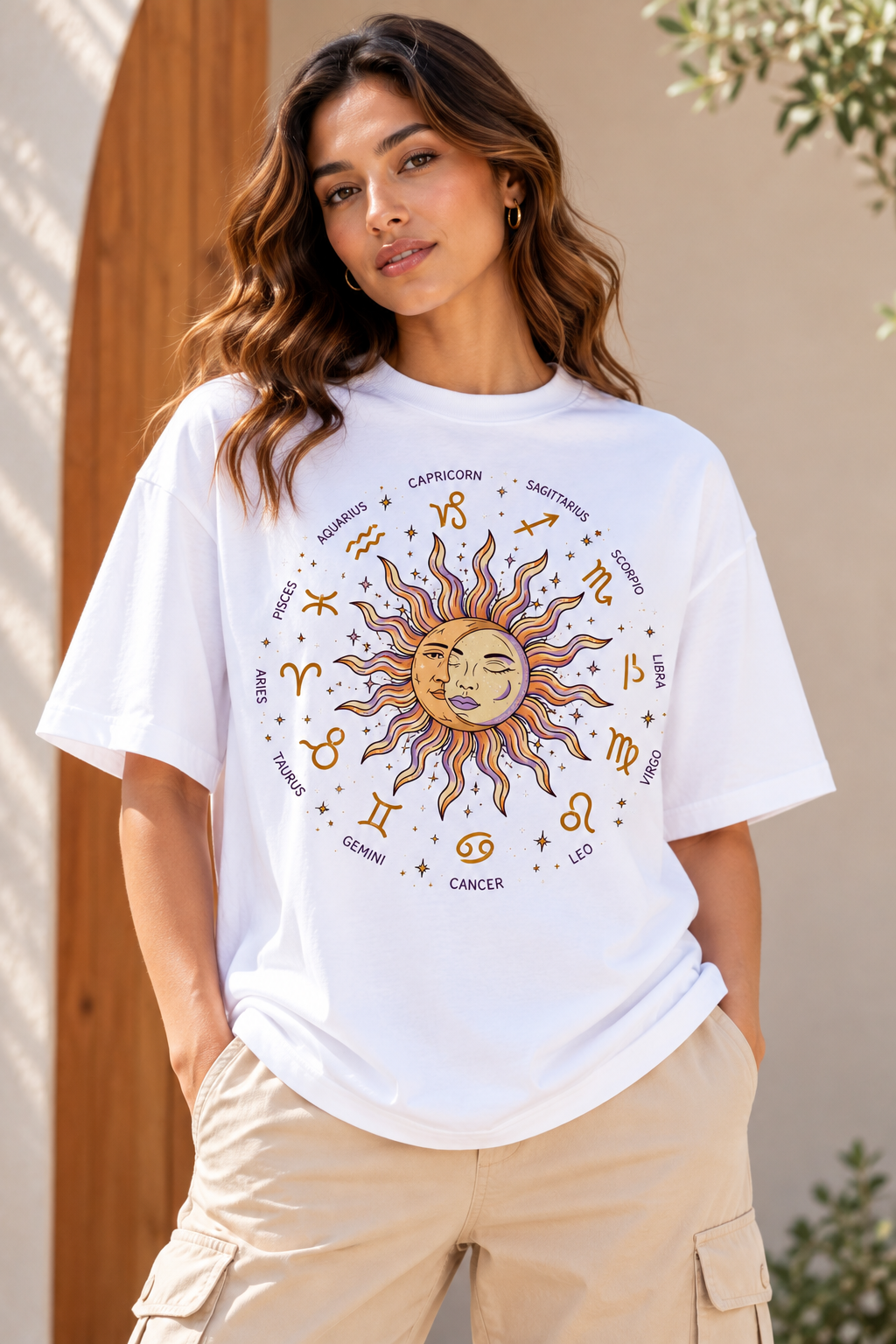 Zodiac Sun & Moon Oversized T-Shirt – White