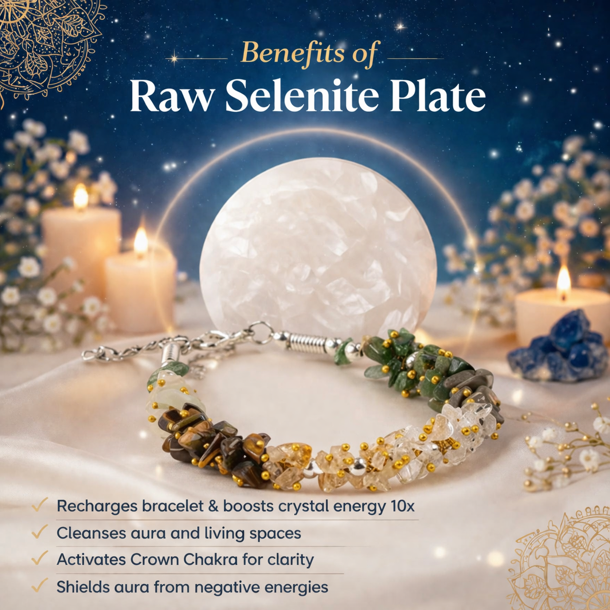 Dhan Sukh Chips Bracelet With Free Raw Selenite Plate